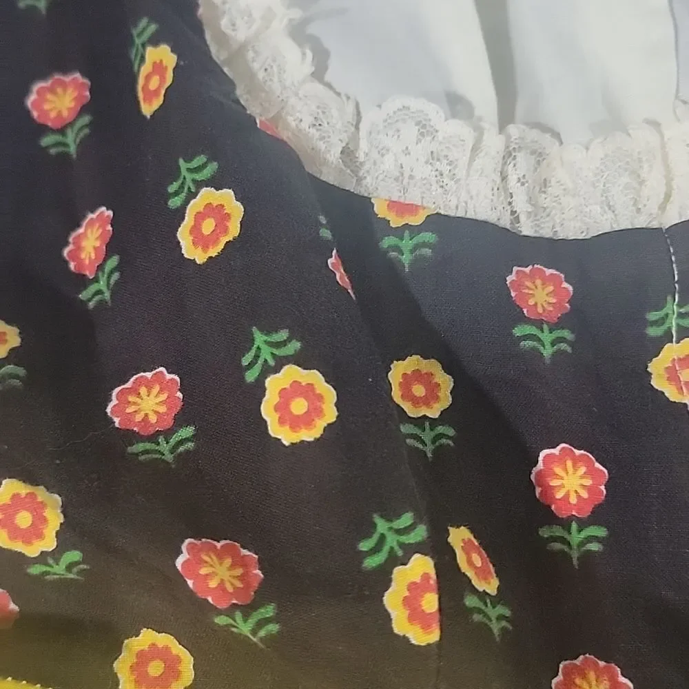 HOMEMADE Girls Vintage Floral Floor Length Dress Super Vute Yellow, Cream n Navy